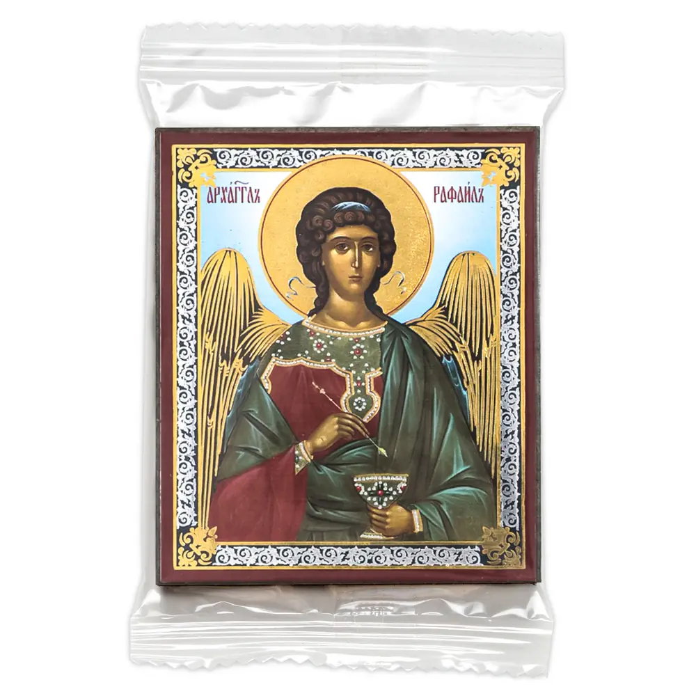 Icon on wooden panel 6×9 double embossing, annotation, packaging Archangel Raphael
