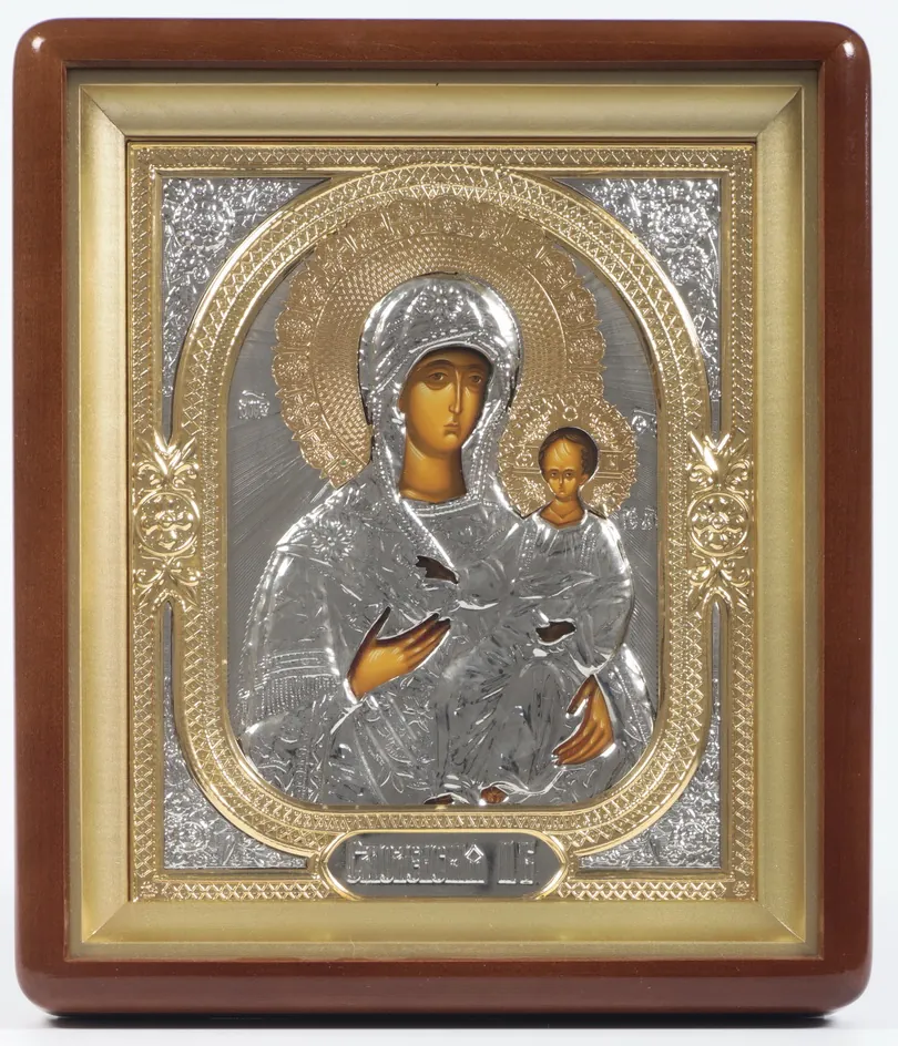 Icon in icon case 18×24 shaped, tempera, 3D riza, nickel, gilding Smolensk Mother of God