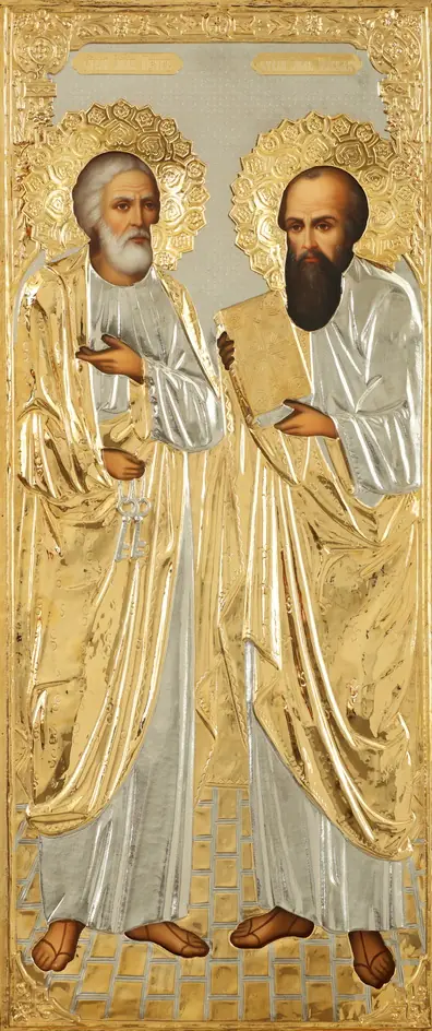 Painted icon of Apostle Peter, of Apostle Paul 50×110, oil, riza cover №161, gilding