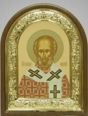 Icon in riza 18×24 arched, panel, gilded frame, tempera, packaging Nicholas the Wonderworker