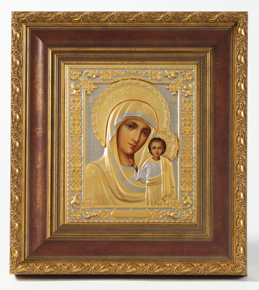 Painted icon in icon case 18×24 oil, riza cover №241, matte gilding, icon case №22 Kazan Mother of God