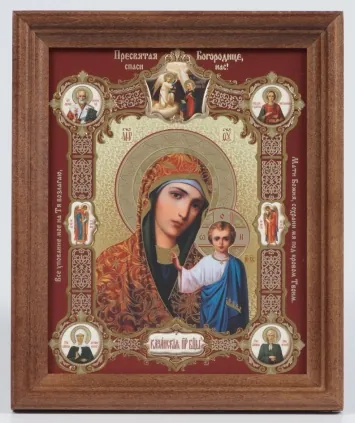 Icon in wooden frame 13×18 blind embossing, film (without glass) Kazan Mother of God (with Life scenes)