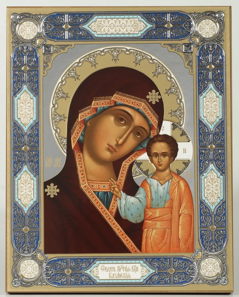 ხატი ხის დაფაზე 21×32 დსპ რელიეფური ტვიფრი, შეფუთვა ყაზანის ღვთისმშობელი 32