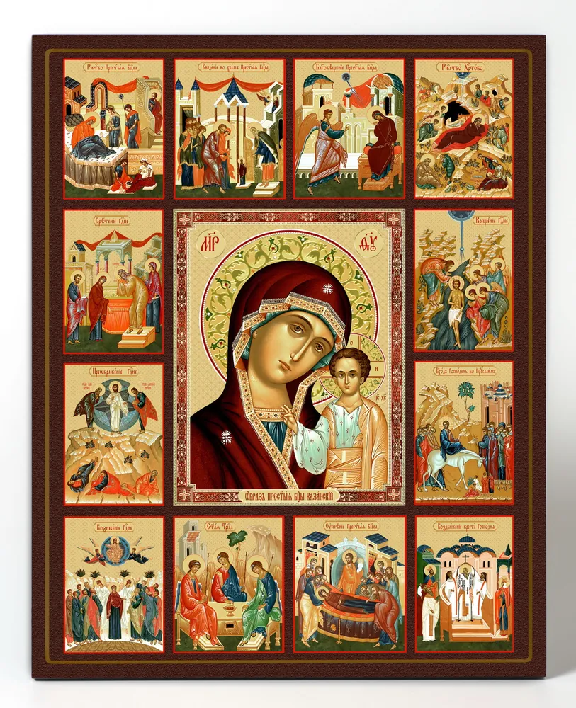 Icon on board 40×50 3D print, varnish Kazan with Feasts