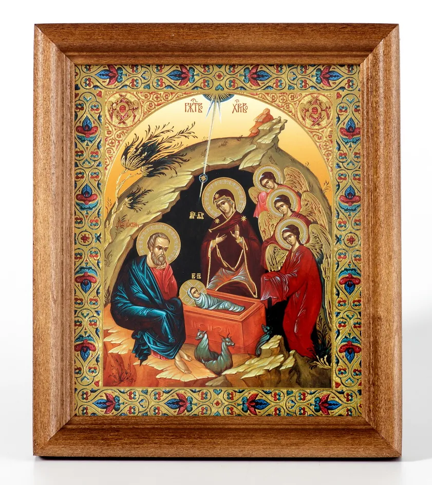 Икона в деревянной рамке №1 11х13 двойное тиснение Рождество Христово 45