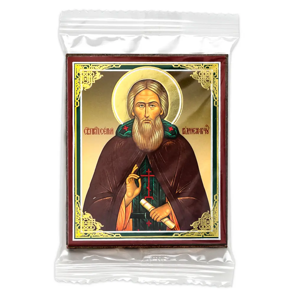 Icon on wooden panel 6×9 double embossing, annotation, packaging Sergius of Radonezh 2