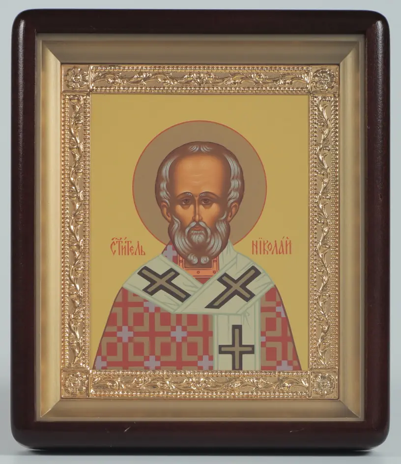 Icon in icon case 18×24 shaped, tempera, gilded frame Nicholas the Wonderworker