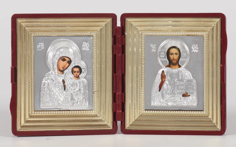Icon in plastic frame double folding icon 6×7 with riza brass-plated (embossing) Saviour-Kazan Mother of God
