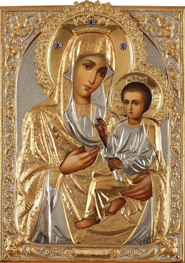 Painted icon of the Mother of God «Quick to Hearken» 50×70, oil, riza cover №220, gilding, stones