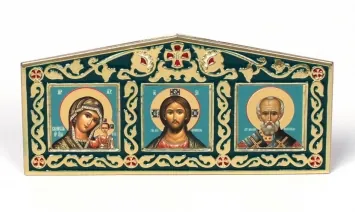 Icon in metal frame triple on adhesive tape №2, enamel Saviour-Kazan Mother of God-Nicholas Wonderworker