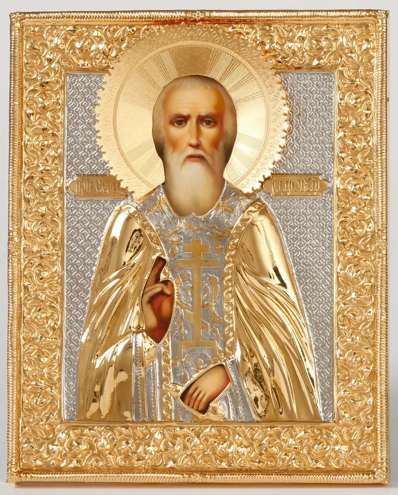 Painted icon of St Sergius of Radonezh 18×24, oil, riza cover №280, gilding