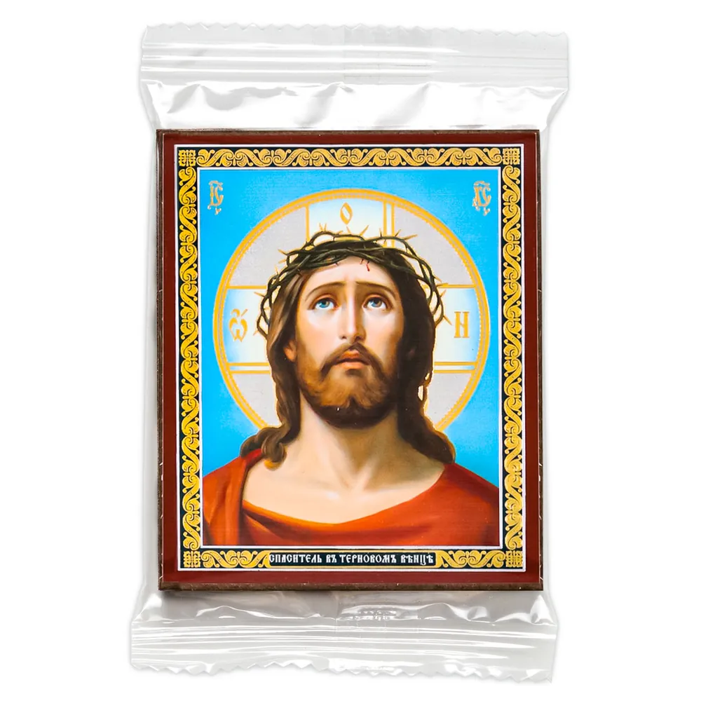 Icon on wooden panel 6×9 double embossing, annotation, packaging Saviour in of Thorns crown №3