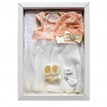 Baptismal set (towel, dress, headband, socks, booties) in gift box №1, white with pink