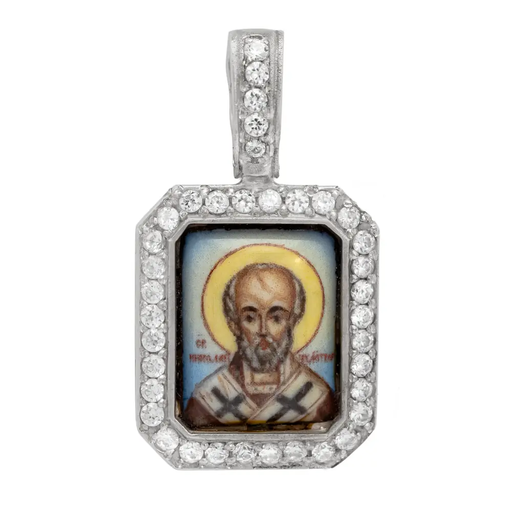 Neck icon №40 / cubic zirconia silver decal Nicholas the Wonderworker