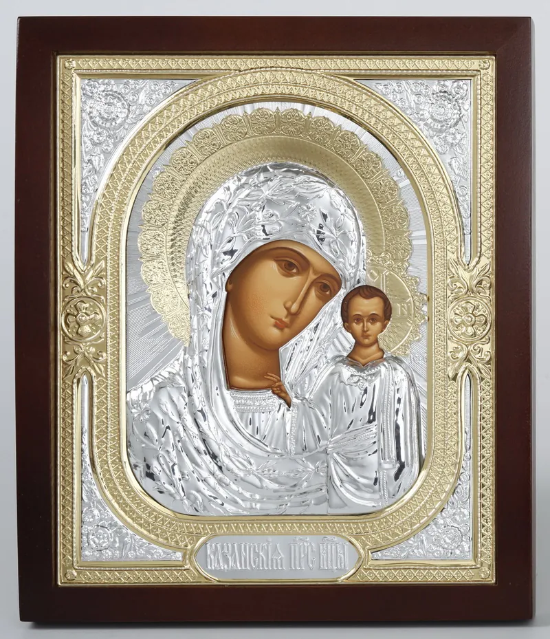 ხატი კიოტში 18×24 ფიგურული №2 ტემპერა, ქვეჩარჩოს გარეშე, მოცულობითი მოჭედილობა №1 ყაზანის ღვთისმშობელი