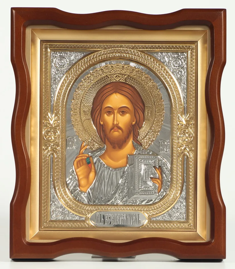 Икона в киоте 18х24 фигурный №4 темпера, риза объёмная, никель, золочение Спаситель