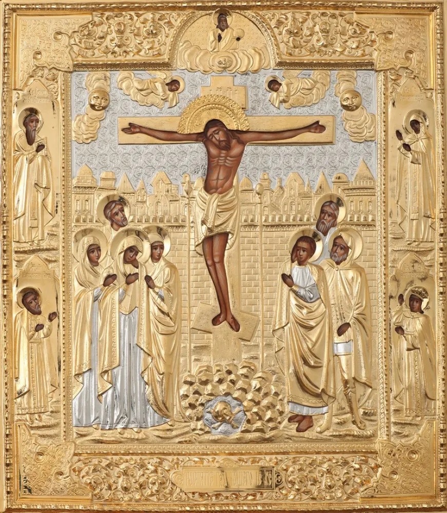 Painted icon of the Saviour «Crucifixion» 30×40, oil, riza cover №90, gilding