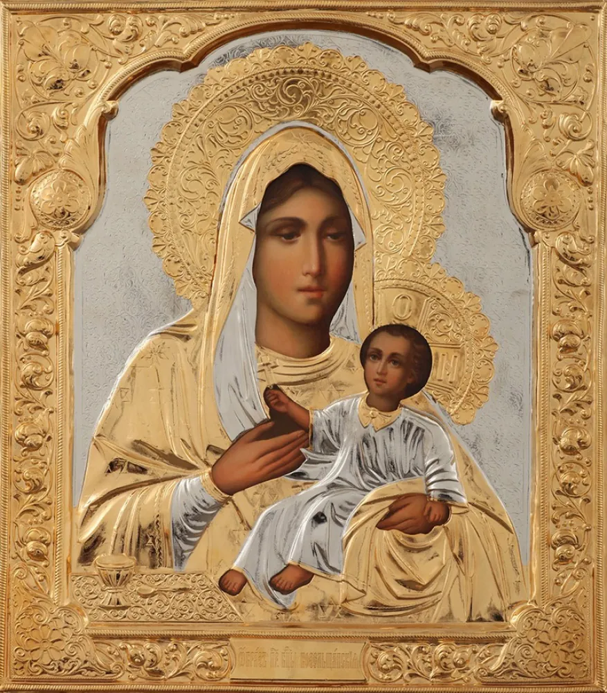 Painted icon of the Mother of God «Kozelshchina» 30×40, oil, riza cover №15, gilding