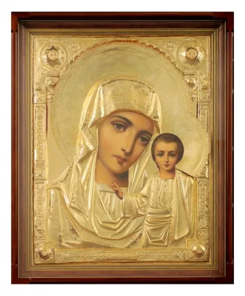 Painted icon in icon case 70×90 oil, riza cover №155, matte glossy gilding, icon case №21 Kazan Mother of God