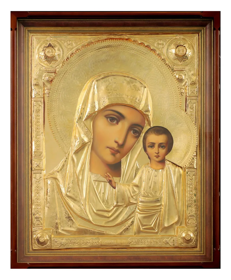 Painted icon in icon case 70×90 oil, riza cover №155, matte glossy gilding, icon case №21 Kazan Mother of God