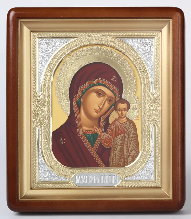 ხატი კიოტში 18×24 ფიგურული, ტემპერა, გვირგვინი, მოჭედილობა-ჩარჩო №1 ყაზანის ღვთისმშობელი