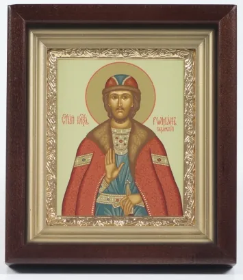 Icon in icon case 11×13 complex, tempera, gilded frame Romanos of Ryazan