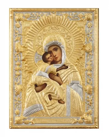 Painted icon of the Mother of God «Vladimir» 18×24, oil, riza cover №234, matte gilding