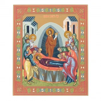 Icon on board 33×40 gilded finish, 3D print, varnish Dormition of the Theotokos