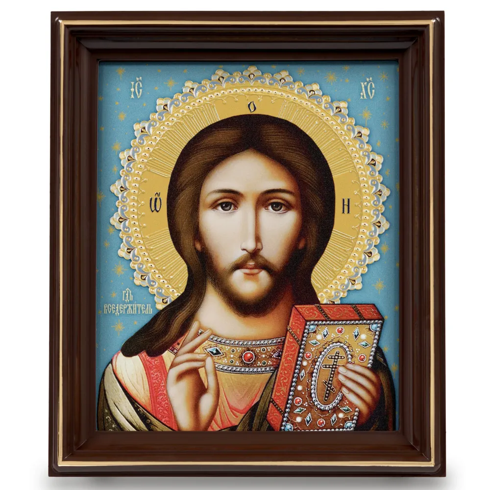Icon on plastic 13×16 3D print, varnish, in plastic frame on stand Saviour 1