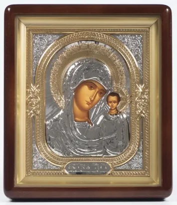 Icon in icon case 18×24 shaped, tempera, 3D riza, nickel, gilding Kazan Mother of God