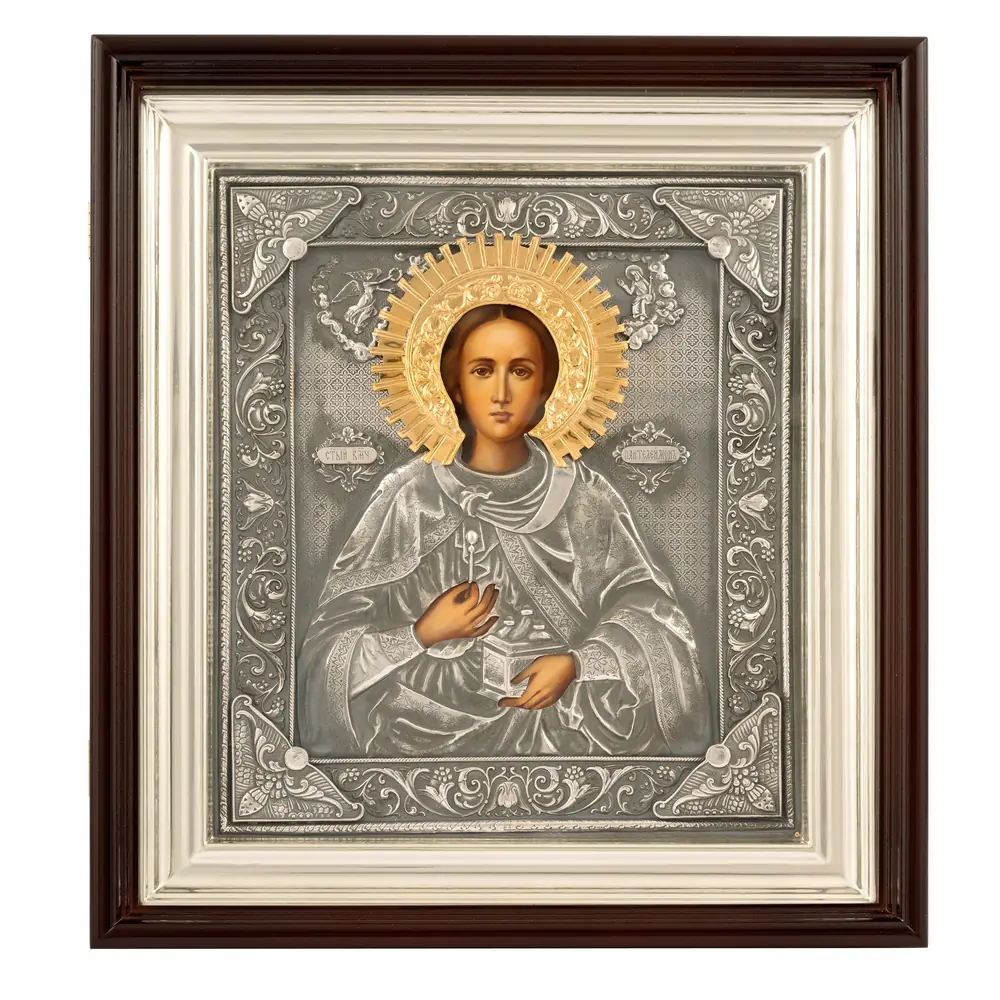 Painted icon in icon case 24×30 oil, riza cover №132, niello silver plating, icon case №1 Panteleimon