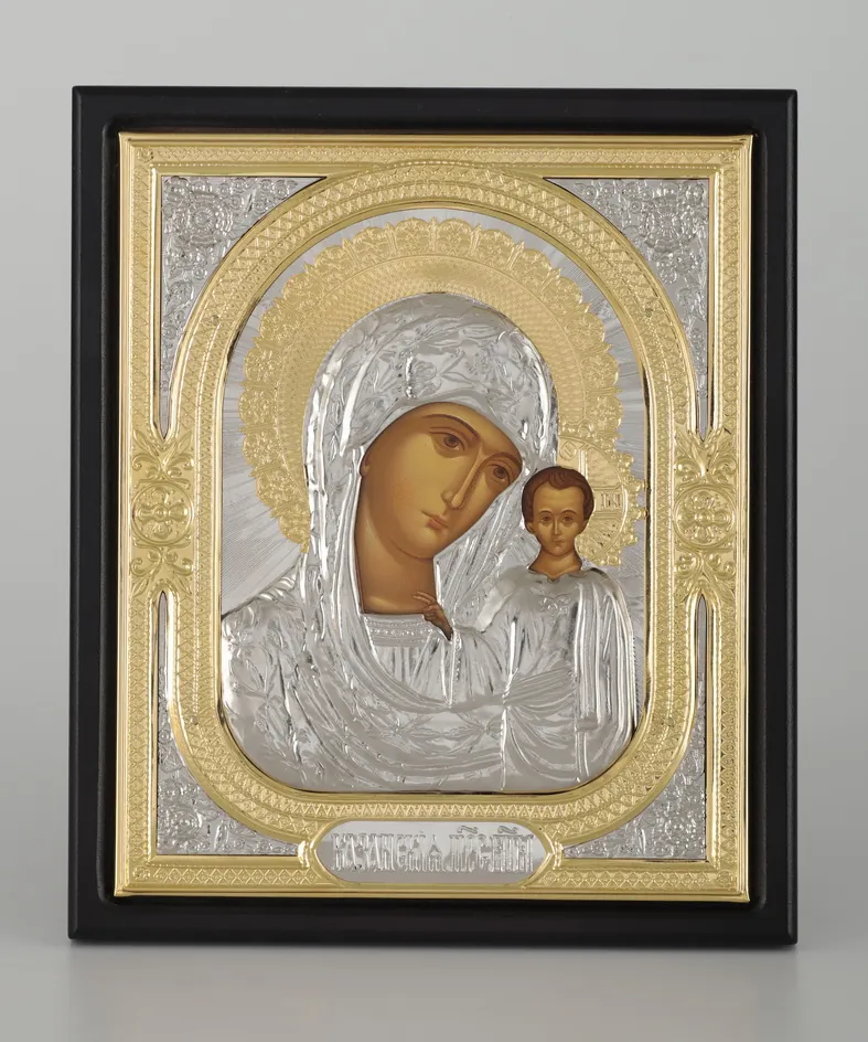 Icon in riza 18×24 3D, panel, tempera, gilding, nickel, packaging Kazan Mother of God