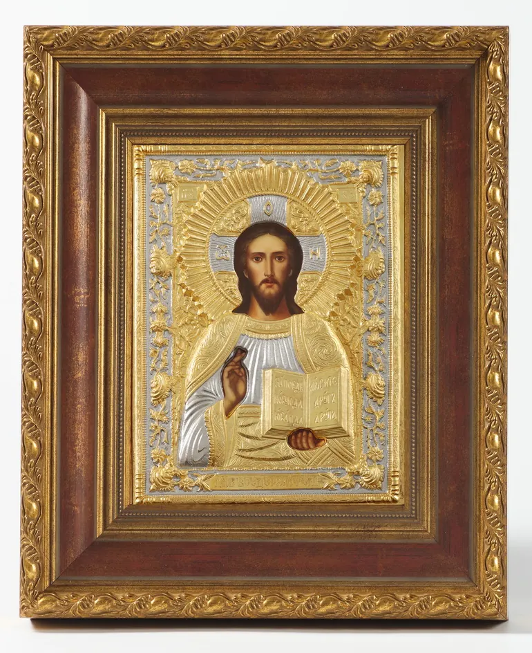 Painted icon in icon case 18×24 oil, riza cover №233, matte gilding, icon case №22 Saviour