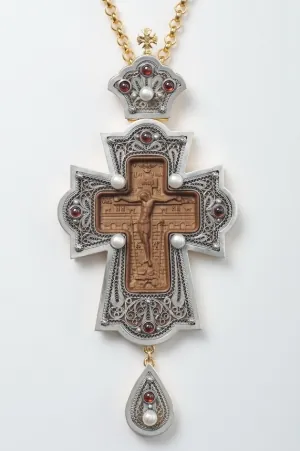Pectoral cross filigree №0035 / double rim, box, pattern, carving on wood / gilding, silver plating