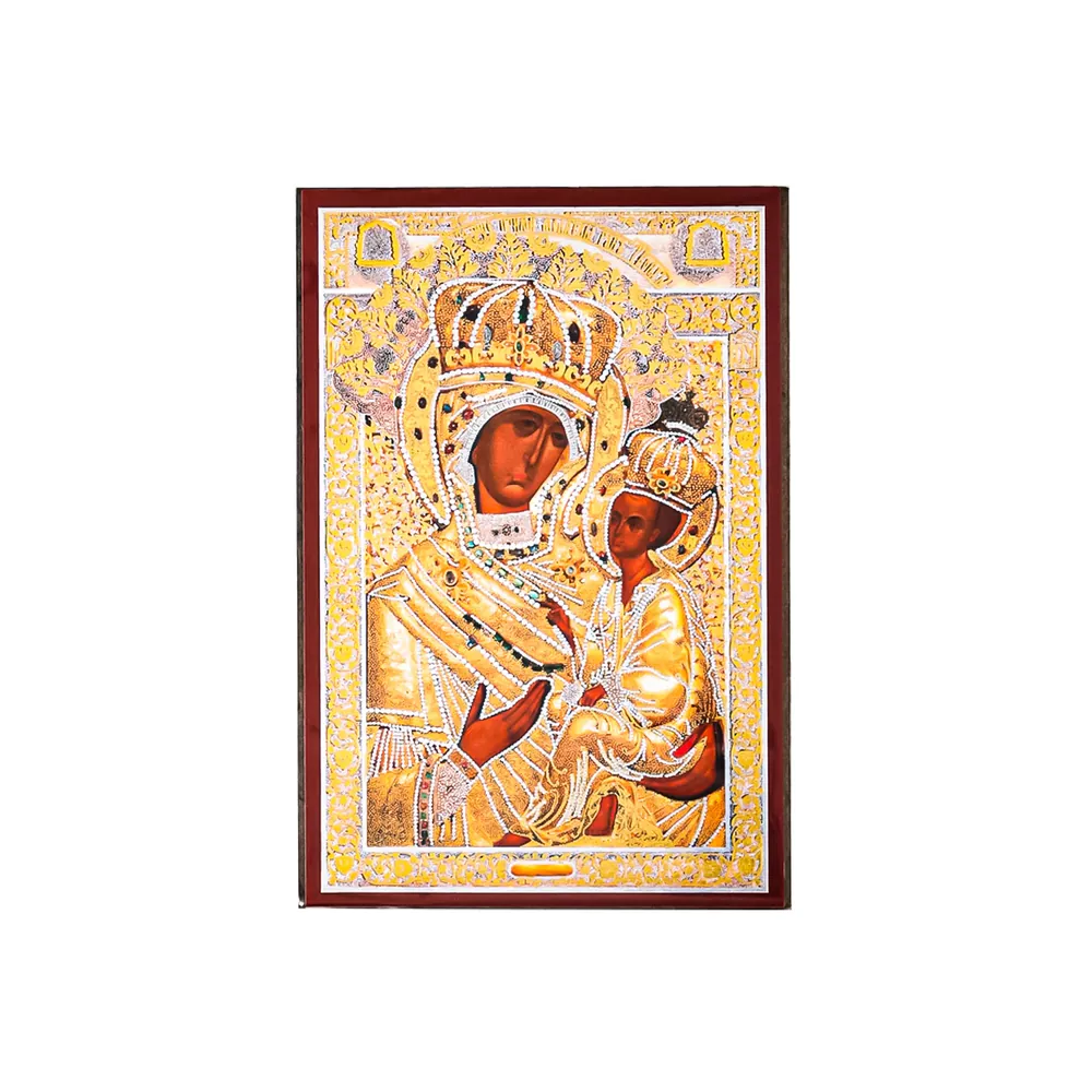 Icon on wooden panel 6×9 double embossing, annotation, packaging Tikhvin Mother of God