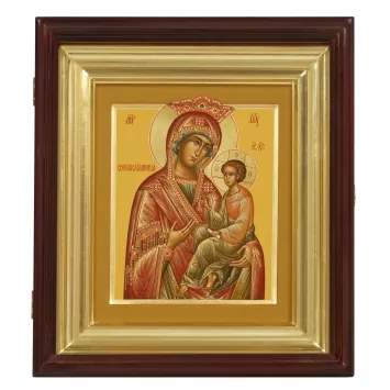Икона живописная на доске в киоте 18х24 темпера, золоченый нимб, ковчег, киот №1 Скоропослушница БМ, 05734