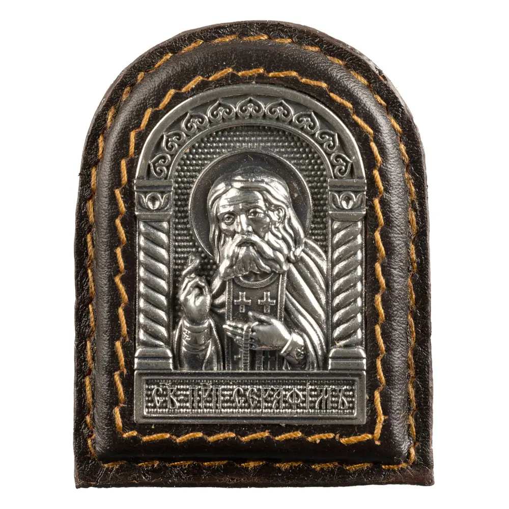 Icon in metal frame car on adhesive tape electroforming leather silver plating niello Seraphim of Sarov