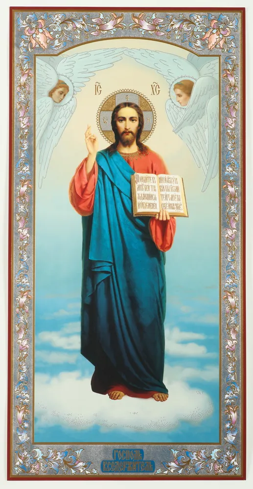 Icon on wooden panel 30×40 double embossing, chipboard, PVC Saviour (full-length)