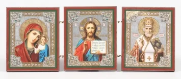 Wooden folding icons 7×18 three-leaf, double embossing Saviour-Kazan Mother of God-Nicholas the Wonderworker 14