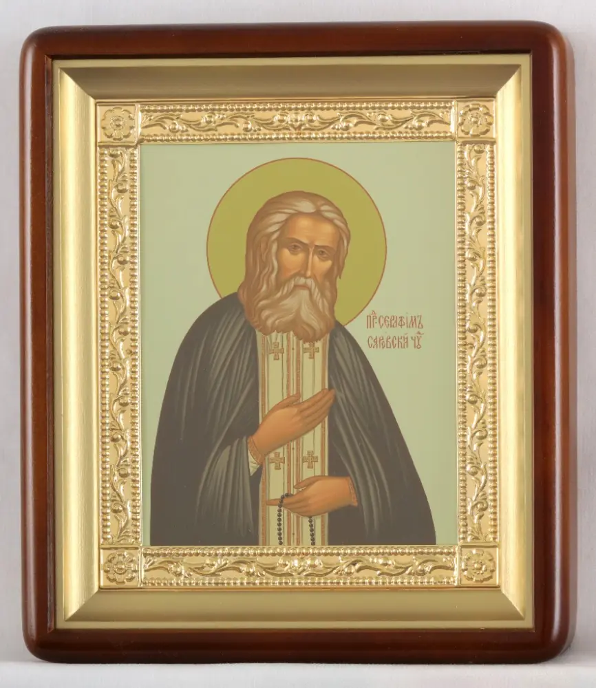 Icon in icon case 18×24 shaped, tempera, gilded frame Seraphim of Sarov