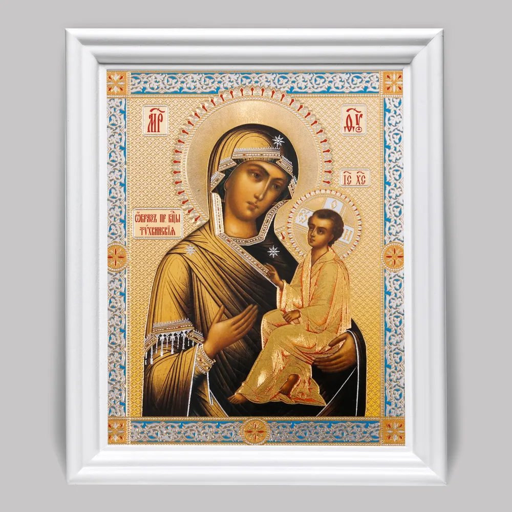 ხატი ხის ჩარჩოში №3 11×13 (თეთრი) ორმაგი ტვიფრი ტიხვინის ღვთისმშობელი 2