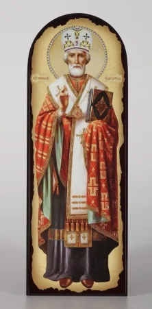 Icon on MDF 18×50 arched, 3D print, varnish Nicholas the Wonderworker full-length