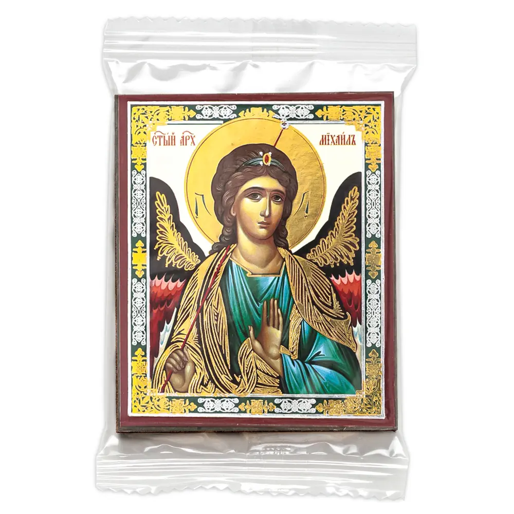 Icon on wooden panel 6×9 double embossing, annotation, packaging Archangel Michael (half-length) 3