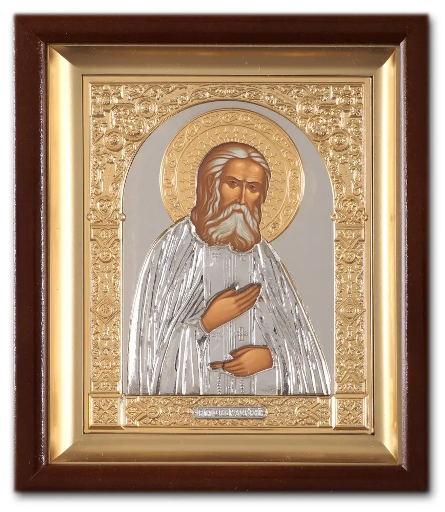 Икона в киоте 15х19 сложный, темпера, риза объёмная, никель, золочение Серафим Саровский