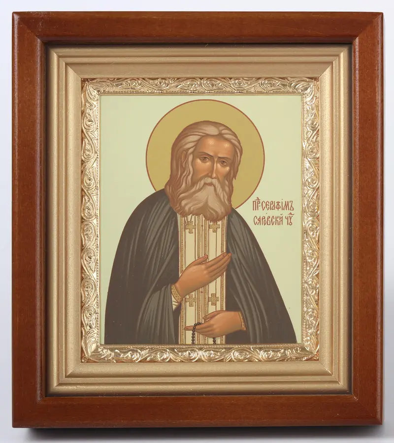 Icon in icon case 11×13 complex, tempera, gilded frame Seraphim of Sarov