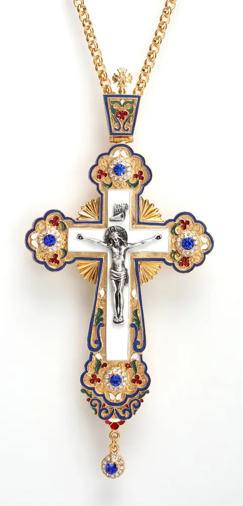 Pectoral cross №85 / gilding / silver cast Crucifixion, enamel, filigree