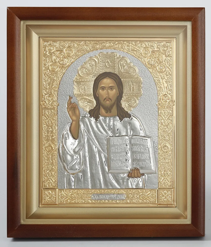 Icon in icon case 15×19 complex, tempera, 3D riza, nickel, gilding Saviour