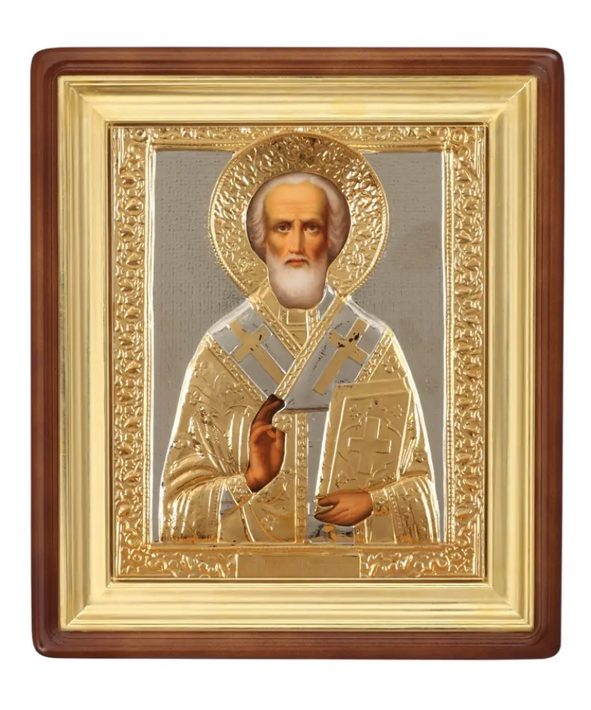 Painted icon in icon case 18×24 oil, riza cover №54, icon case №1 Nicholas the Wonderworker