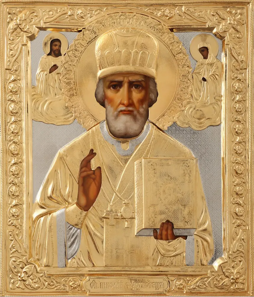 Painted icon of St Nicholas the Wonderworker 24×30, oil, riza cover №194, gilding