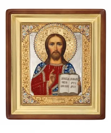 Икона живописная в киоте 24х30 масло, риза №24, эмаль, жемчуг, киот №1 Спаситель